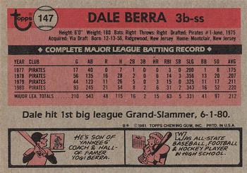 1981 Topps #147 Dale Berra Back