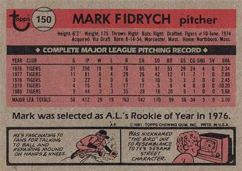 1981 Topps #150 Mark Fidrych Back