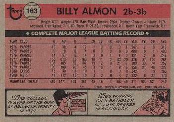 1981 Topps #163 Billy Almon Back