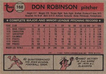 1981 Topps #168 Don Robinson Back