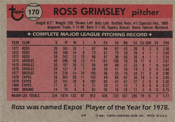 1981 Topps #170 Ross Grimsley Back