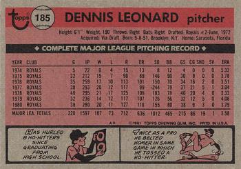 1981 Topps #185 Dennis Leonard Back