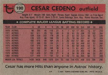 1981 Topps #190 Cesar Cedeno Back