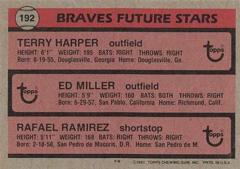 1981 Topps #192 Braves Future Stars (Terry Harper / Ed Miller / Rafael Ramirez) Back