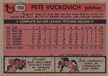 1981 Topps #193 Pete Vuckovich Back