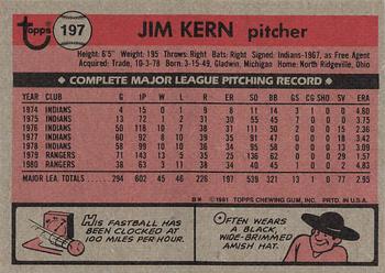 1981 Topps #197 Jim Kern Back