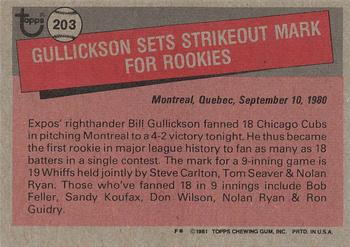 1981 Topps #203 Bill Gullickson Back