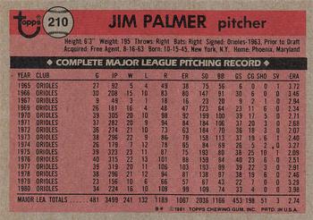 1981 Topps #210 Jim Palmer Back
