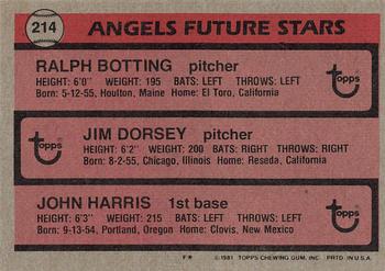 1981 Topps #214 Angels Future Stars (Ralph Botting / Jim Dorsey / John Harris) Back