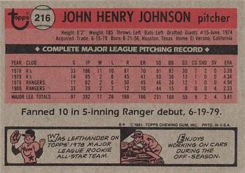 1981 Topps #216 John Henry Johnson Back
