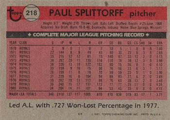 1981 Topps #218 Paul Splittorff Back