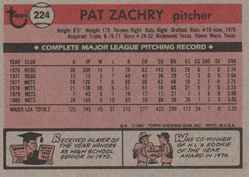 1981 Topps #224 Pat Zachry Back