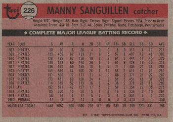1981 Topps #226 Manny Sanguillen Back