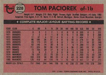 1981 Topps #228 Tom Paciorek Back