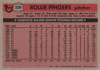 1981 Topps #229 Rollie Fingers Back
