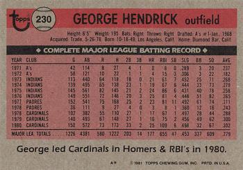 1981 Topps #230 George Hendrick Back
