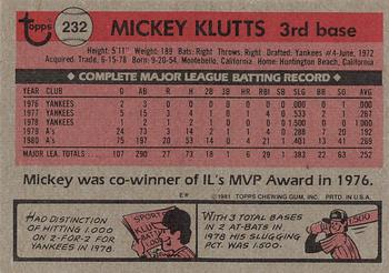 1981 Topps #232 Mickey Klutts Back