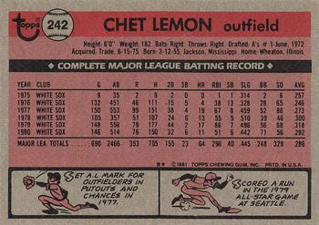 1981 Topps #242 Chet Lemon Back