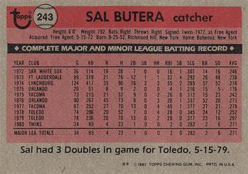 1981 Topps #243 Sal Butera Back
