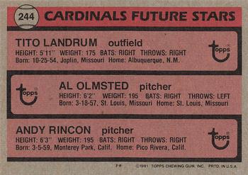 1981 Topps #244 Cardinals Future Stars (Tito Landrum / Al Olmsted / Andy Rincon) Back