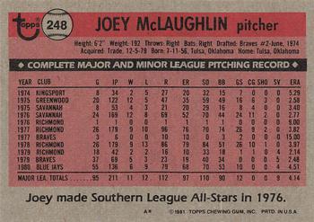 1981 Topps #248 Joey McLaughlin Back