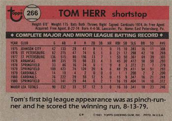 1981 Topps #266 Tom Herr Back