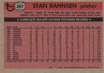 1981 Topps #267 Stan Bahnsen Back