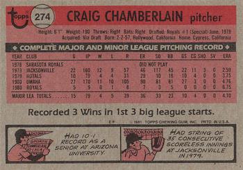 1981 Topps #274 Craig Chamberlain Back