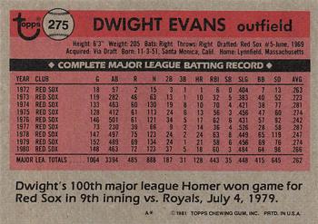 1981 Topps #275 Dwight Evans Back