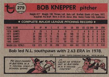 1981 Topps #279 Bob Knepper Back