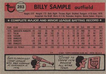 1981 Topps #283 Billy Sample Back