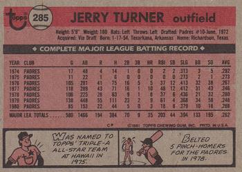 1981 Topps #285 Jerry Turner Back