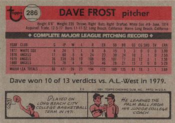 1981 Topps #286 Dave Frost Back