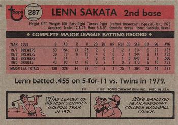 1981 Topps #287 Lenn Sakata Back