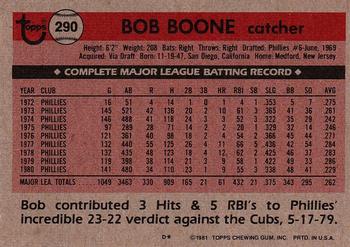 1981 Topps #290 Bob Boone Back