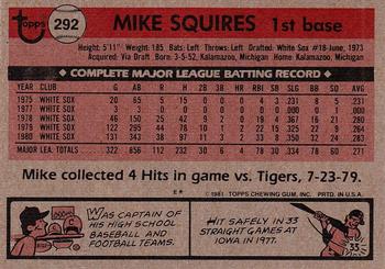 1981 Topps #292 Mike Squires Back