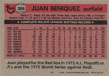 1981 Topps #306 Juan Beniquez Back