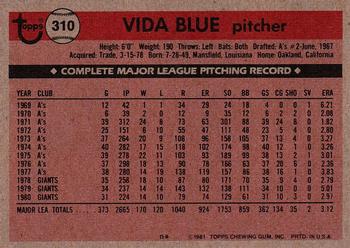 1981 Topps #310 Vida Blue Back