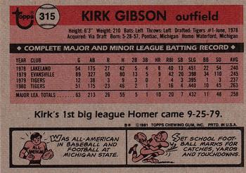 1981 Topps #315 Kirk Gibson Back