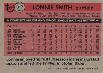 1981 Topps #317 Lonnie Smith Back