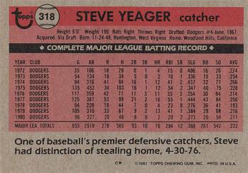 1981 Topps #318 Steve Yeager Back