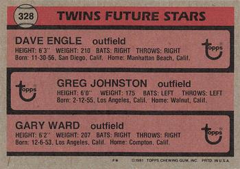 1981 Topps #328 Twins Future Stars (Dave Engle / Greg Johnston / Gary Ward) Back