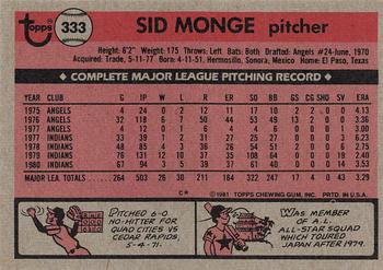 1981 Topps #333 Sid Monge Back
