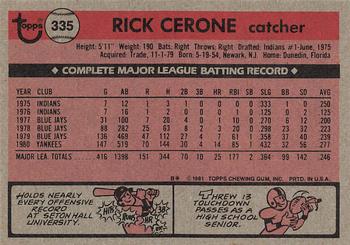1981 Topps #335 Rick Cerone Back