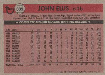 1981 Topps #339 John Ellis Back