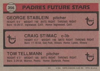 1981 Topps #356 Padres Future Stars (George Stablein / Craig Stimac / Tom Tellmann) Back