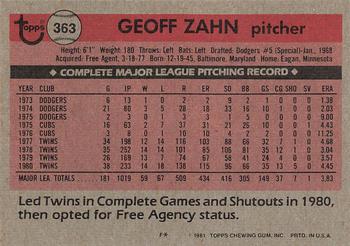 1981 Topps #363 Geoff Zahn Back