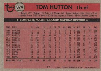 1981 Topps #374 Tom Hutton Back