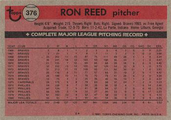 1981 Topps #376 Ron Reed Back