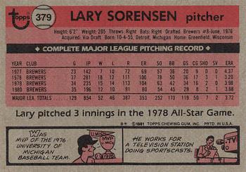 1981 Topps #379 Lary Sorensen Back